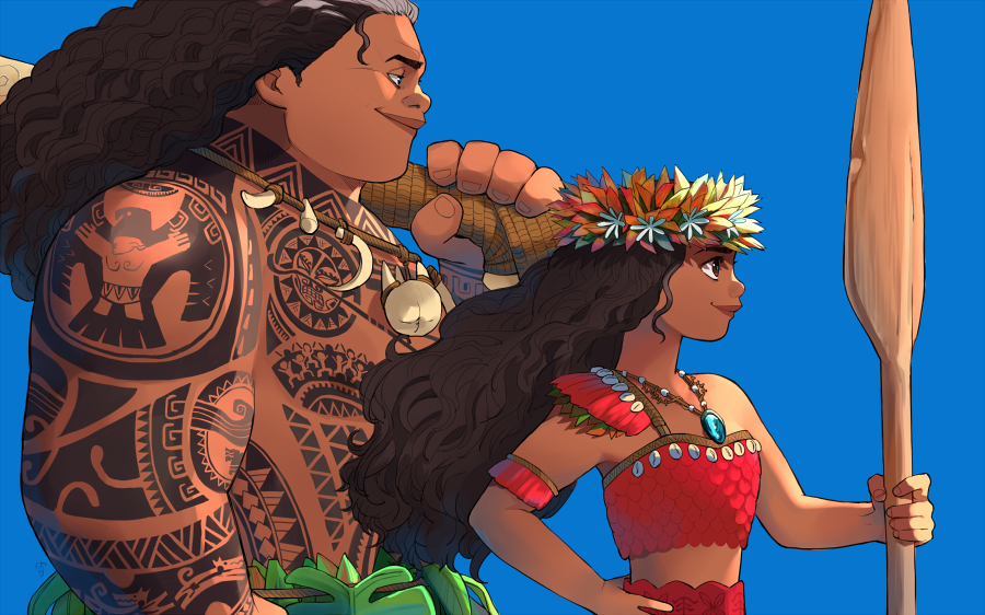 1boy, 1girl, arm_tattoo, blue_sky, brown_eyes, brown_hair, chest_tattoo, dark-skinned_female