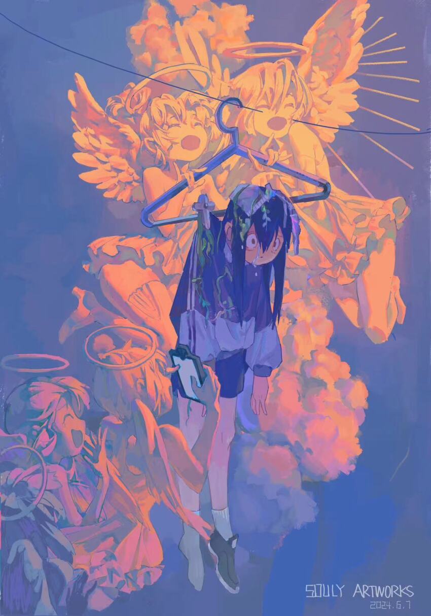 4girls, angel, artist_name, brown_hair, clothes_hanger, clothesline, cloud, dated