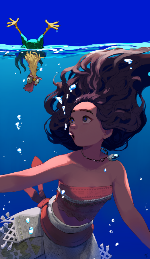 1girl, air_bubble, bare_arms, bare_shoulders, bird, black_hair, blue_sky, breasts