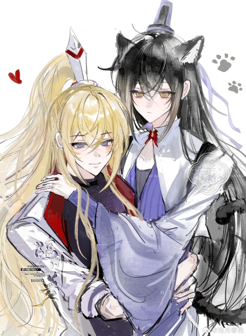 2boys, animal_ears, black_hair, blonde_hair, blue_eyes, cat_ears, cleavage_cutout, clothing_cutout