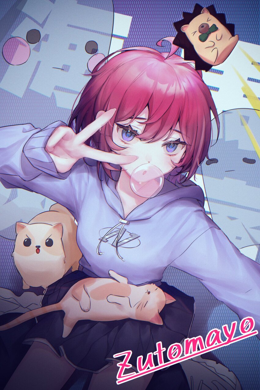 1girl, ahoge, animal, animal_on_lap, black_dress, black_socks, bong_(zutomayo), cat, chewing_gum, copyright_name, cropped_hoodie, dog, dress, ginger_strings_(kaiba_seichoutsuu)_(zutomayo), ginger_strings_(zutomayo), grey_hoodie, hedgehog, highres, hood, hoodie, kaiba_seichoutsuu_(zutomayo), kneeling, looking_at_viewer, nira-chan, nira-chan_(kaiba_seichoutsuu)_(zutomayo), on_lap, pink_hair, purple_eyes, sanren8, shoes, sleeves_past_wrists, socks, uniguri_(zutomayo), v, v_over_eye, white_shoes, zutto_mayonaka_de_ii_no_ni