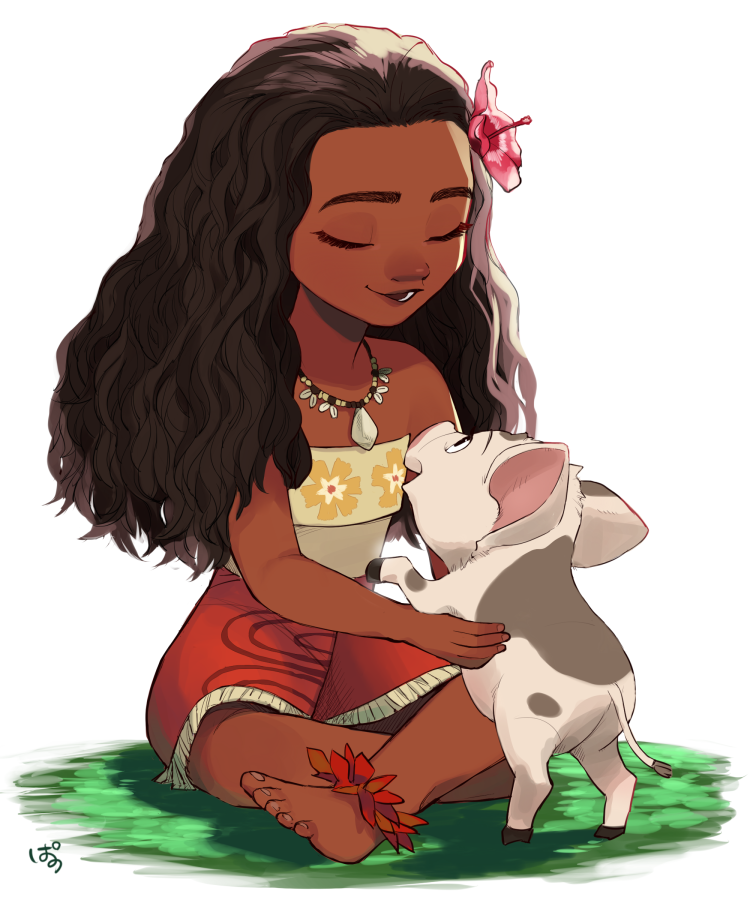 1girl, brown_hair, closed_eyes, dark-skinned_female, dark_skin, flower, hair_flower, hair_ornament, hibiscus, jewelry, long_hair, moana_(movie), moana_waialiki, necklace, pano_(mohayayamai), pig, pink_flower, pua_(moana), simple_background, sitting, white_background