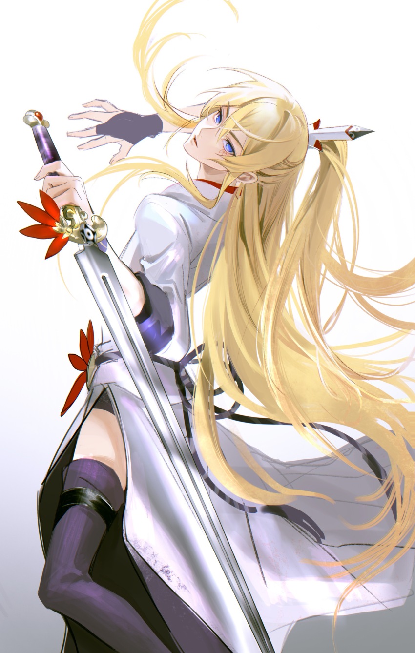 1boy, absurdres, blue_eyes, bridal_gauntlets, chinese_clothes, high_ponytail, highres, holding