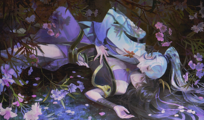 2boys, absurdres, cleavage_cutout, clothing_cutout, coat, dongfang_xianyun, dress, flower