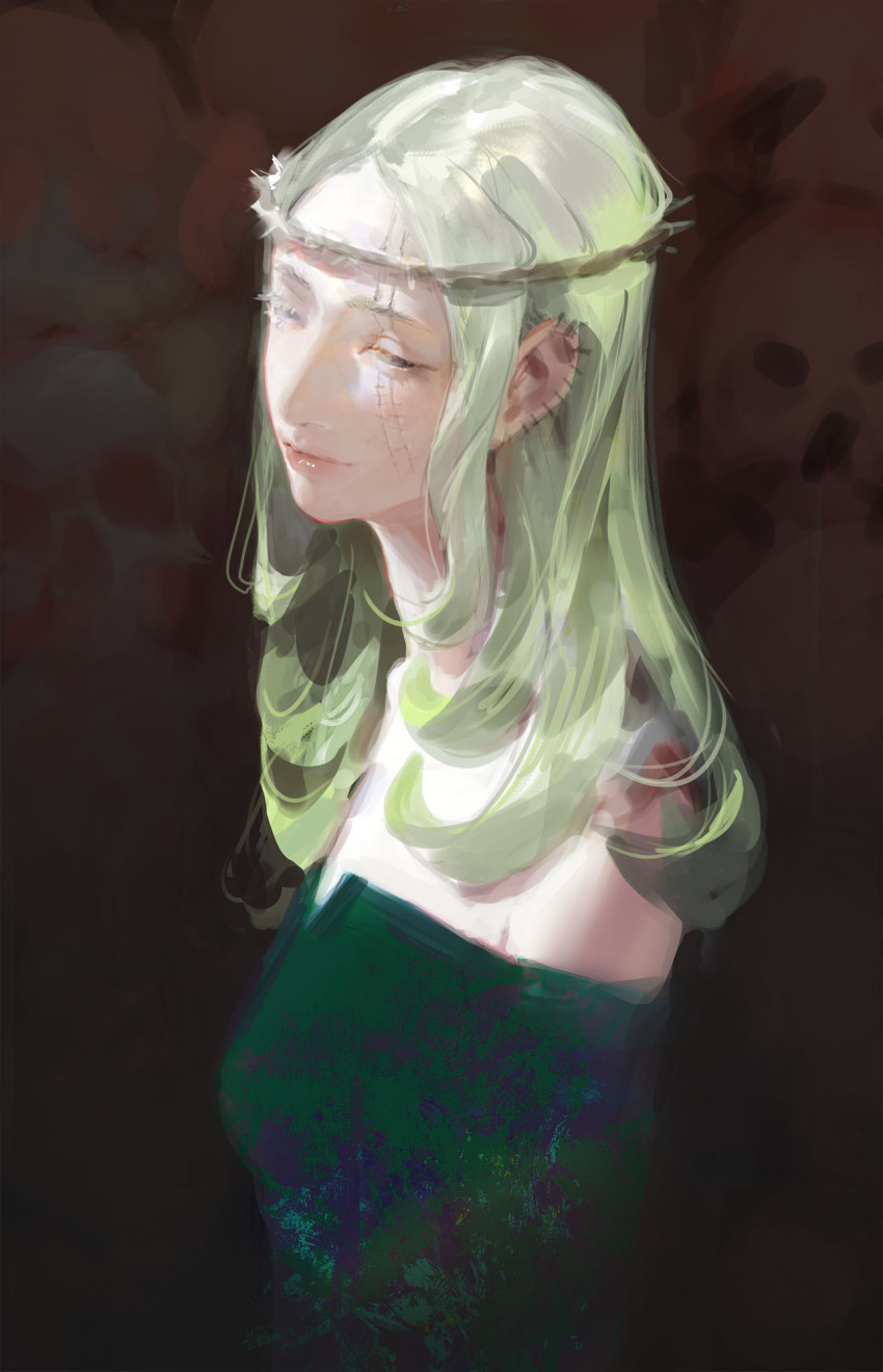 1girl, bare_shoulders, crown_of_thorns, dark_background, dress, ear_piercing, eyelashes, from_side