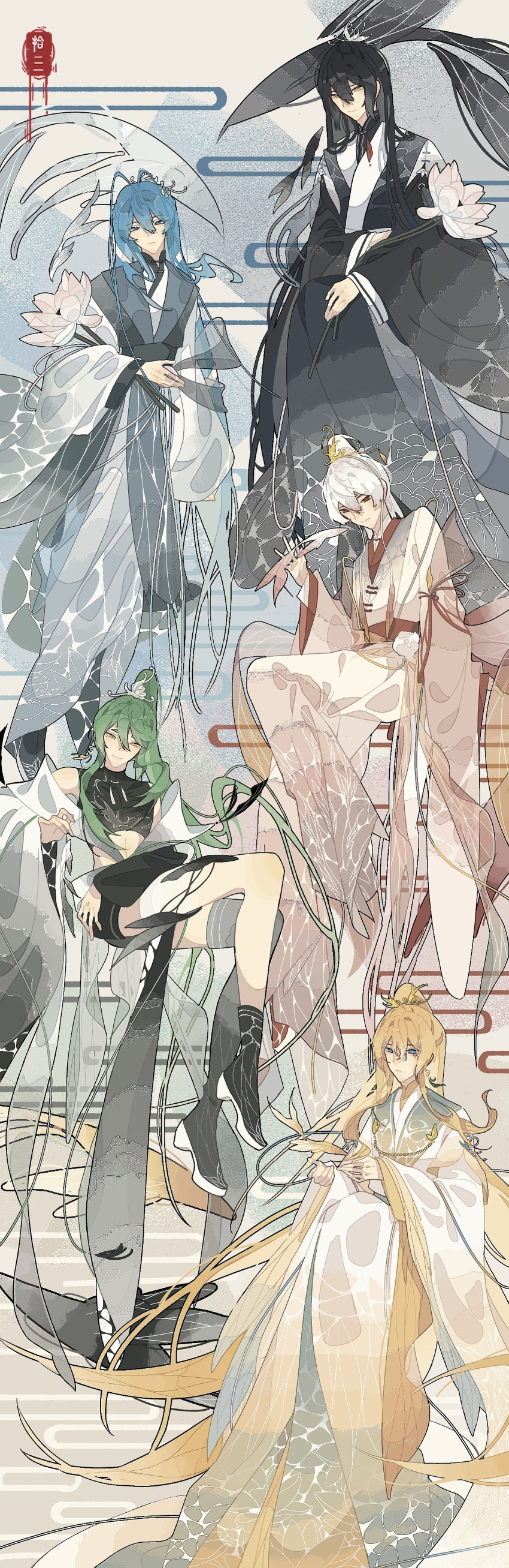 5boys, absurdres, black_hanfu, blonde_hair, blue_eyes, blue_hair, chinese_clothes, dongfang_wuqiong