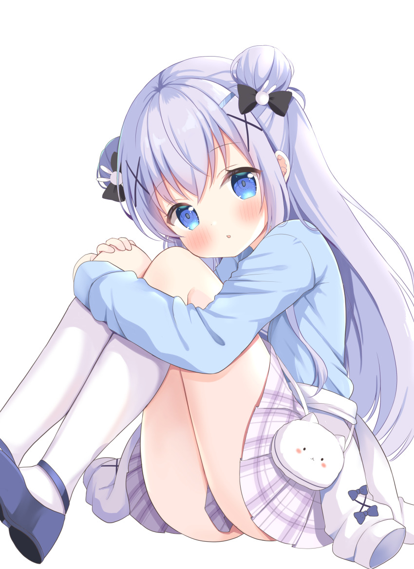 1girl, :o, absurdres, black_bow, black_shoes, blue_eyes, blue_hair, blue_shirt