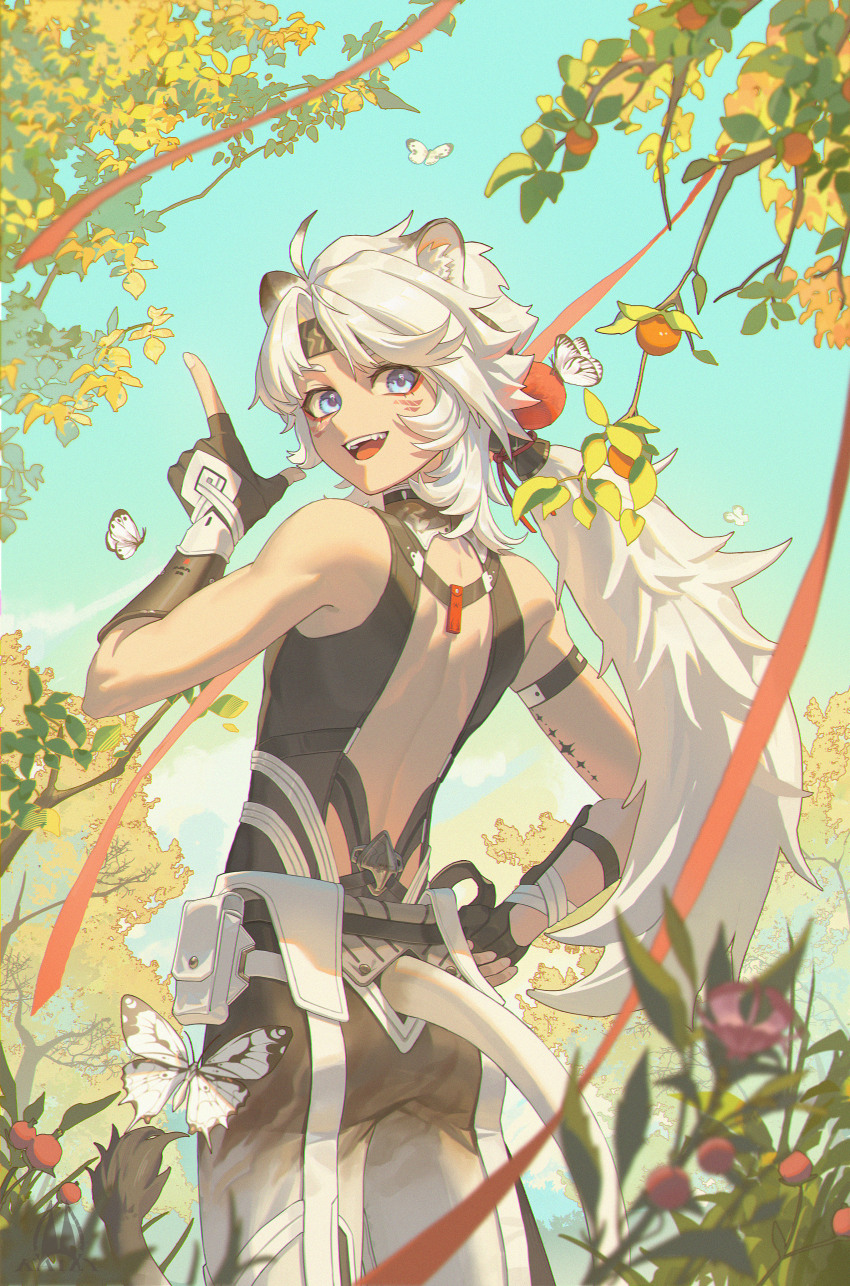 1boy, absurdres, animal_ears, blue_eyes, bug, butterfly, chinese_commentary, commentary_request