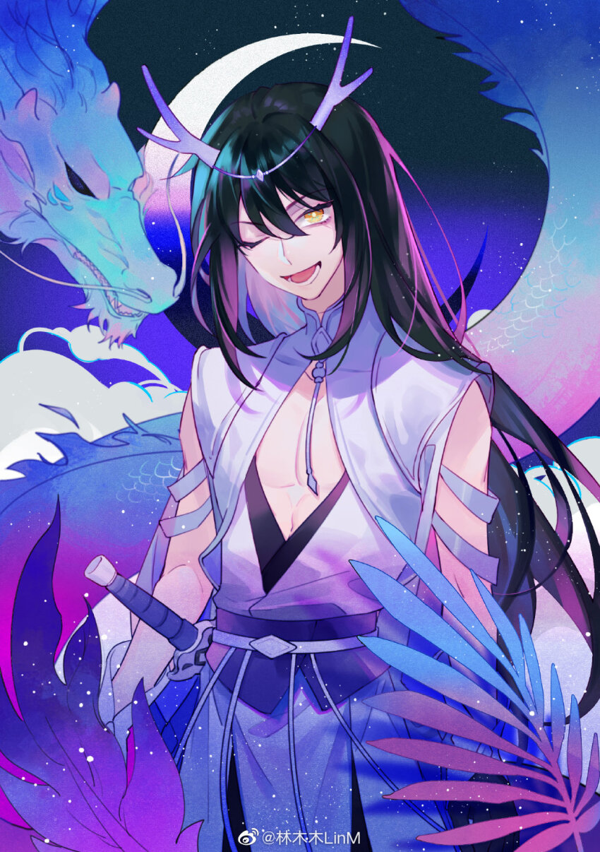 1boy, black_hair, chinese_clothes, cleavage_cutout, clothing_cutout, dongfang_xianyun, dragon, dragon_horns