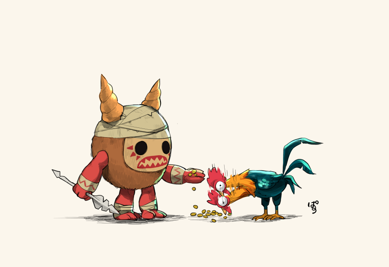 bird, chicken, heihei_(moana), holding, holding_polearm, holding_weapon, kakamora, moana_(movie), motion_blur, no_humans, pano_(mohayayamai), polearm, seed, shell, simple_background, weapon, white_background