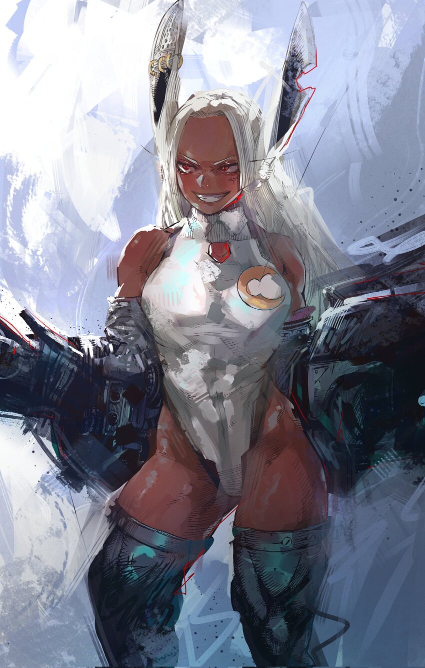 1girl, animal_ears, bare_shoulders, boku_no_hero_academia, breasts, colorized, covered_abs, covered_collarbone, crescent_print, dark-skinned_female, dark_skin, grin, highleg, highleg_leotard, highres, horikoshi_kouhei, large_breasts, leotard, long_eyelashes, long_hair, looking_to_the_side, mechanical_arms, mechanical_ears, mirko, notched_ear, parted_bangs, purple_thighhighs, rabbit_ears, rabbit_girl, red_eyes, scar, scar_on_face, smile, solo, thick_thighs, thighhighs, thighs, toned, toned_female, very_long_hair, vicfaust, white_hair, white_leotard
