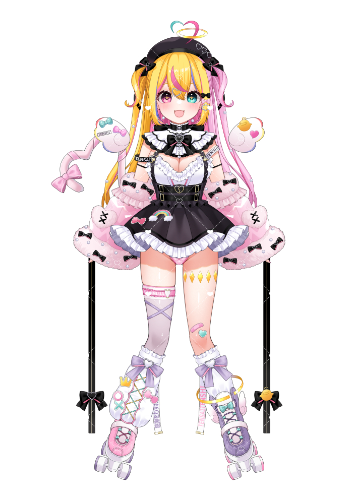 1girl, :d, ahoge, asymmetrical_footwear, beret, black_hat, black_skirt, blonde_hair