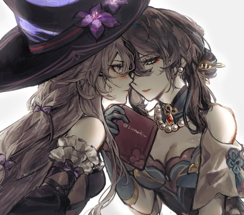 2girls, blue_gloves, blue_hair, blush, book, breasts, brown_hair, cleavage