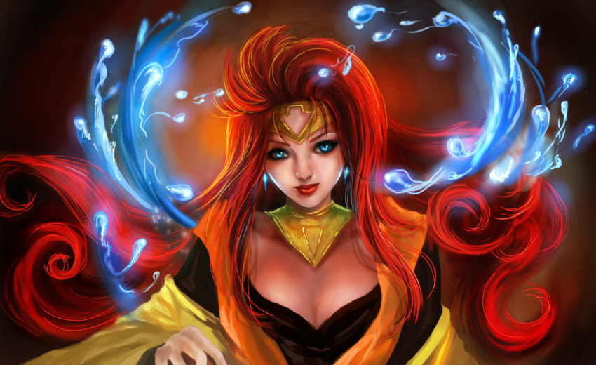 1girl, blue_eyes, breasts, circlet, cleavage, earrings, enma_(granzort), highres