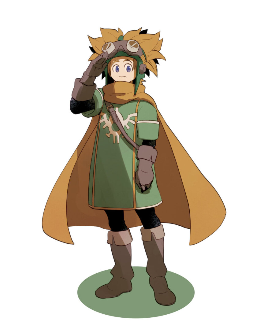 1boy, black_pants, black_sleeves, blue_eyes, brown_footwear, brown_gloves, cape, commentary_request