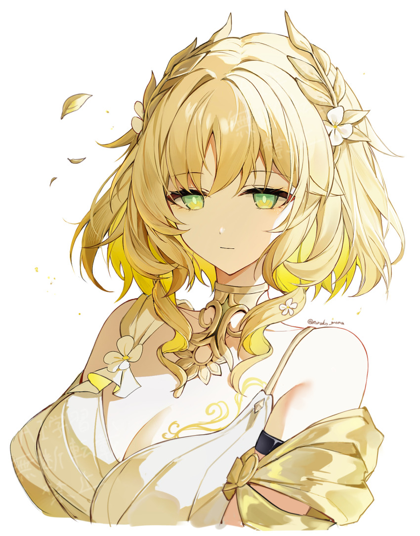 1girl, aglaea_(honkai:_star_rail), bare_shoulders, blonde_hair, breasts, cleavage, dress, green_eyes