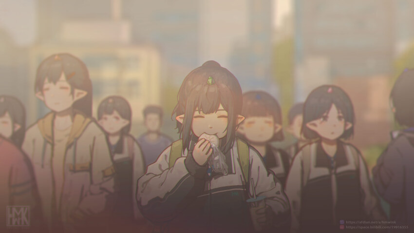 1girl, 2boys, 6+girls, absurdres, china, chinese_clothes, chinese_track_school_uniform, eating