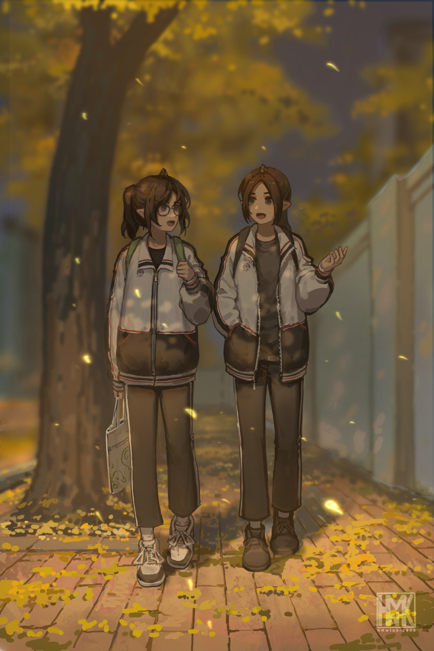 absurdres, autumn, autumn_leaves, bag, black_hair, china, chinese_track_school_uniform, elf