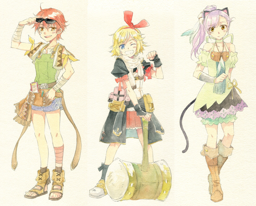 3girls, agahari, animal_ears, bandages, belt, blue_eyes, boots, cat_ears, cat_tail, elena_(rune_factory_oceans), fingerless_gloves, gloves, grin, hair_ribbon, hammer, harvest_moon, jewelry, long_hair, multiple_girls, necklace, odette_(rune_factory), open_mouth, painting_(medium), ponytail, purple_hair, ribbon, rune_factory, rune_factory_oceans, sandals, sarah_(rune_factory_oceans), scarf, short_hair, short_shorts, shorts, smile, sunglasses, tail, traditional_media, wink, yellow_eyes