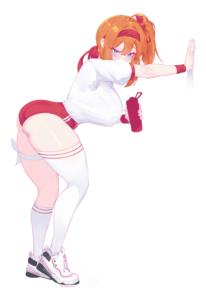 1girl, absurdres, against_wall, asymmetrical_legwear, bare_shoulders, bent_over, blue_eyes, bottle