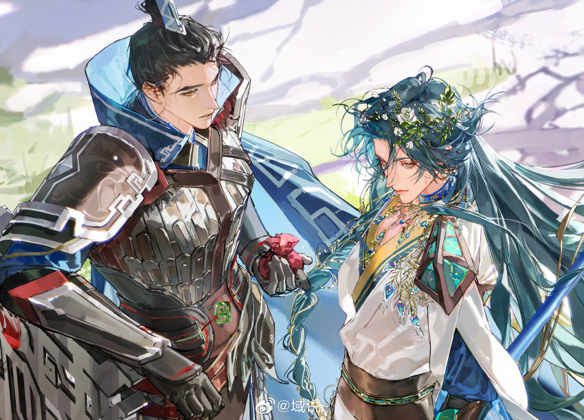 2boys, black_hair, braid, chinese_clothes, closed_mouth, code:_kite, flower, gloves