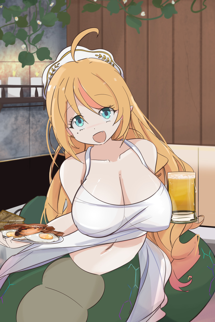 1girl, absurdres, ahoge, alcohol, beer, blonde_hair, blue_eyes, blush