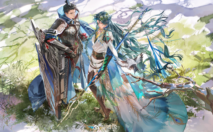 2boys, absurdres, bird, black_hair, braid, chinese_clothes, closed_mouth, code:_kite