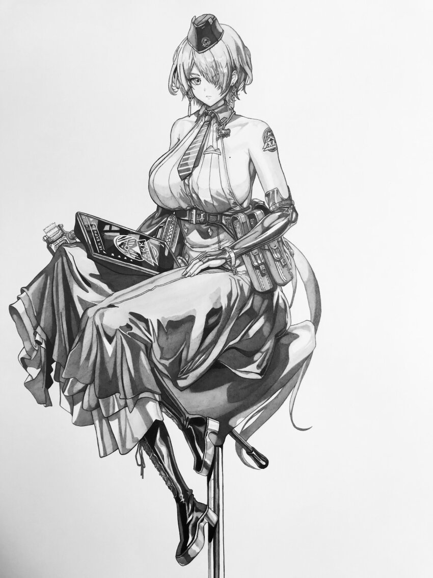 1girl, absurdres, backless_shirt, bare_shoulders, belt_pouch, black_footwear, breasts, brid_(nikke)