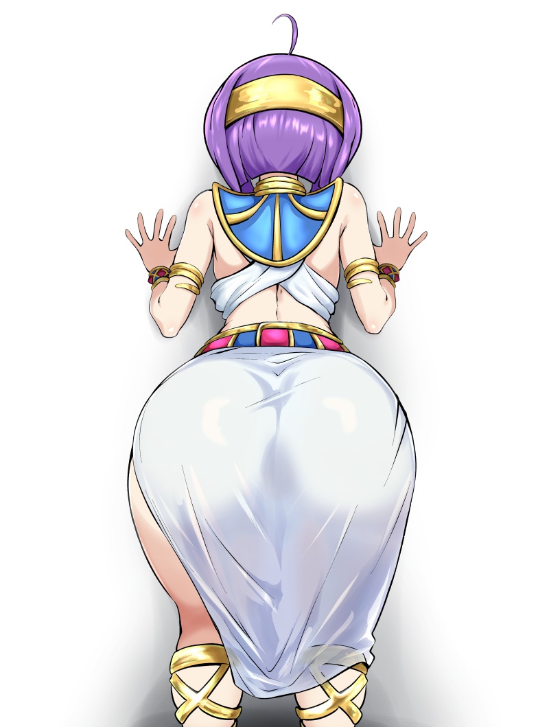 1girl, against_wall, ahoge, ancient_egyptian_clothes, ass, from_behind, jashin-chan_dropkick, medusa_(jashin-chan_dropkick), purple_hair, short_hair, simple_background, solo, ufufuto, white_background