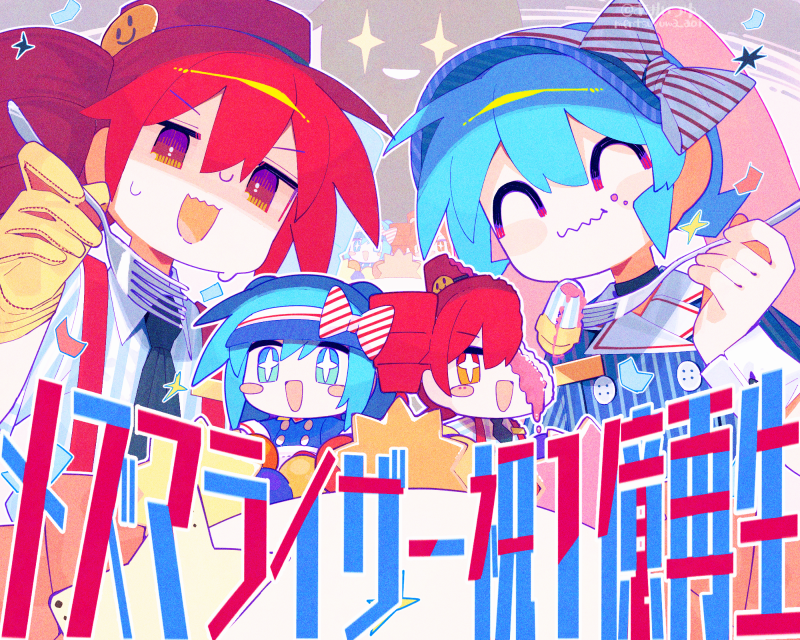 +_+, 3girls, akita_neru, aoi_tsuyu, black_choker, black_necktie, blue_dress, blue_hair