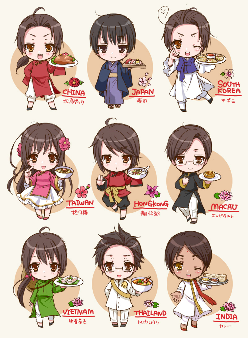 2girls, 6+boys, ahoge, asian_indian_clothes, axis_powers_hetalia, baggy_pants, belt, black-framed_eyewear