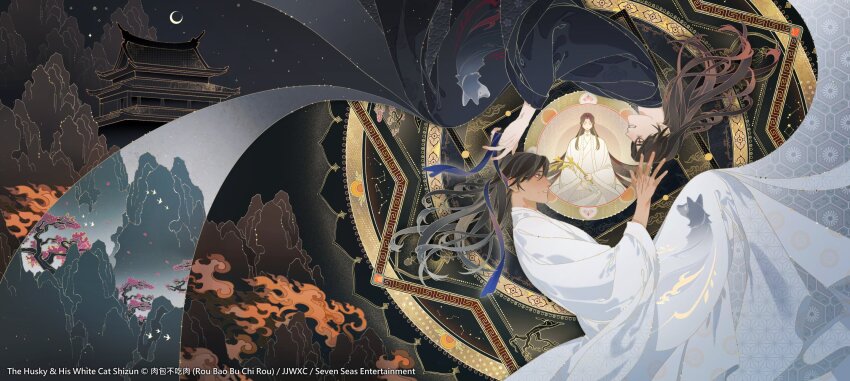 3boys, architecture, bags_under_eyes, bird, black_hair, black_hanfu, blue_ribbon, bottle