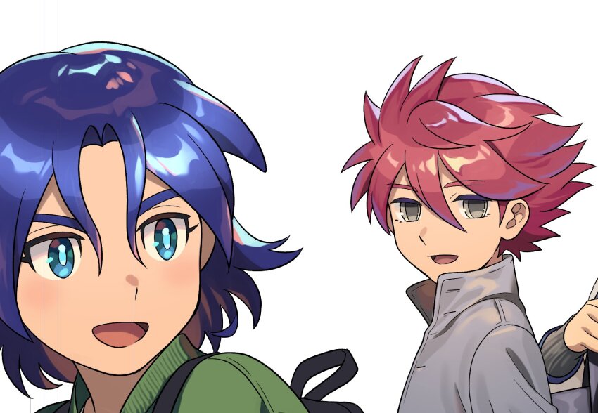 2boys, backpack, bag, blue_eyes, blue_hair, coat, dolustoy, green_jacket, grey_coat, grey_hair, highres, ichihoshi_hikaru, inazuma_eleven_(series), inazuma_eleven_ares_no_tenbin, jacket, looking_at_viewer, male_focus, multicolored_eyes, multiple_boys, nosaka_yuuma, open_mouth, red_hair, simple_background, strap, two-tone_eyes, white_background