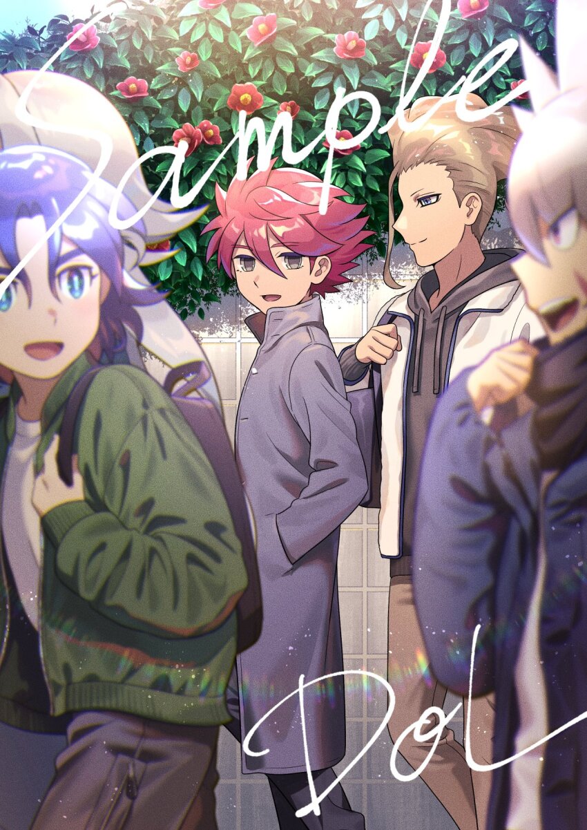 5boys, backpack, bag, blonde_hair, blue_eyes, blue_hair, blue_jacket, bush, coat, dolustoy, drawstring, facial_scar, flower, green_jacket, grey_eyes, grey_hair, haoto_ichiya, highres, hood, hood_down, hoodie, ichihoshi_hikaru, inazuma_eleven_(series), inazuma_eleven_ares_no_tenbin, jacket, looking_at_another, male_focus, multiple_boys, nishikage_seiya, nosaka_yuuma, open_mouth, outei_tsukinomiya, red_flower, red_hair, sample_watermark, scar, scar_on_cheek, scar_on_face, shirt, tanizaki_yoshiya, tiles, upper_body, watermark, white_shirt