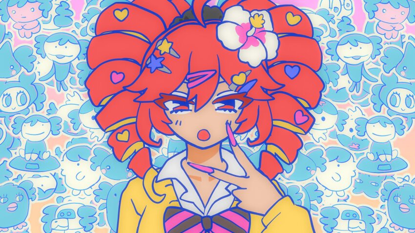 1girl, ahoge, blush, bow, bowtie, cardigan, collarbone, collared_shirt, commentary_request, diagonal-striped_bow, diagonal-striped_bowtie, diagonal-striped_clothes, drill_hair, fingernails, flower, gyaru, hair_flower, hair_ornament, hairclip, hand_up, heart, heart_hair_ornament, highres, kasane_teto, long_fingernails, looking_at_viewer, magical_miracle_metagalphose_(synthv), manba_gyaru, nonshara, open_mouth, pink_nails, red_eyes, red_hair, shirt, smile, solo, star_(symbol), star_hair_ornament, striped_bow, striped_bowtie, striped_clothes, twin_drills, upper_body, utau, white_flower, white_shirt, yellow_cardigan