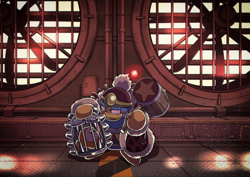 cage, gloves, hammer, highres, holding, holding_hammer, in_cage, indoors