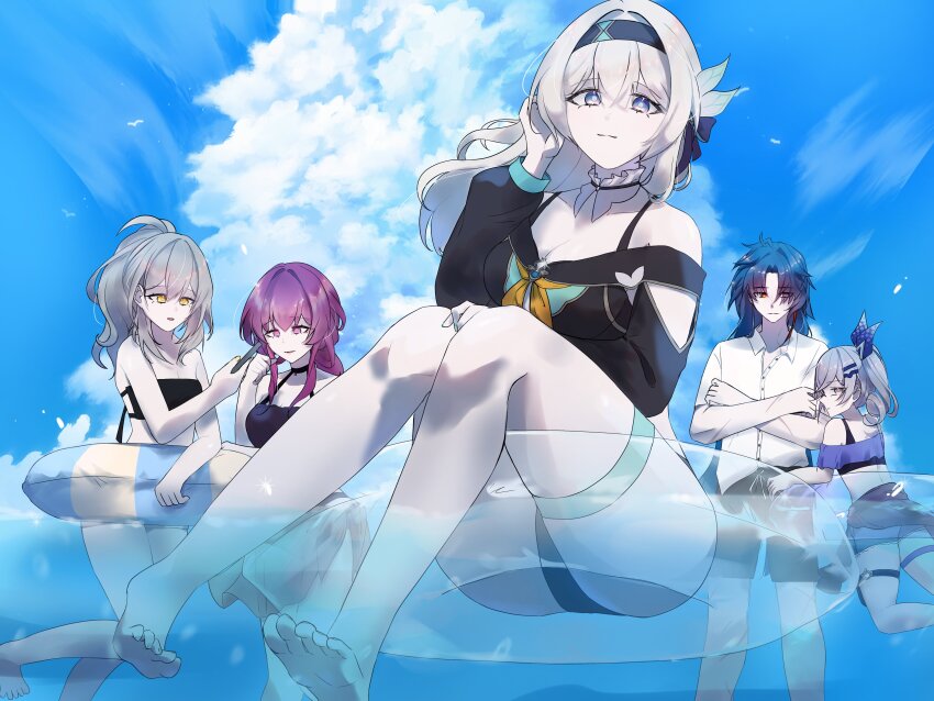 1boy, 4girls, absurdres, bare_shoulders, beach, bikini, black_bikini, black_hair