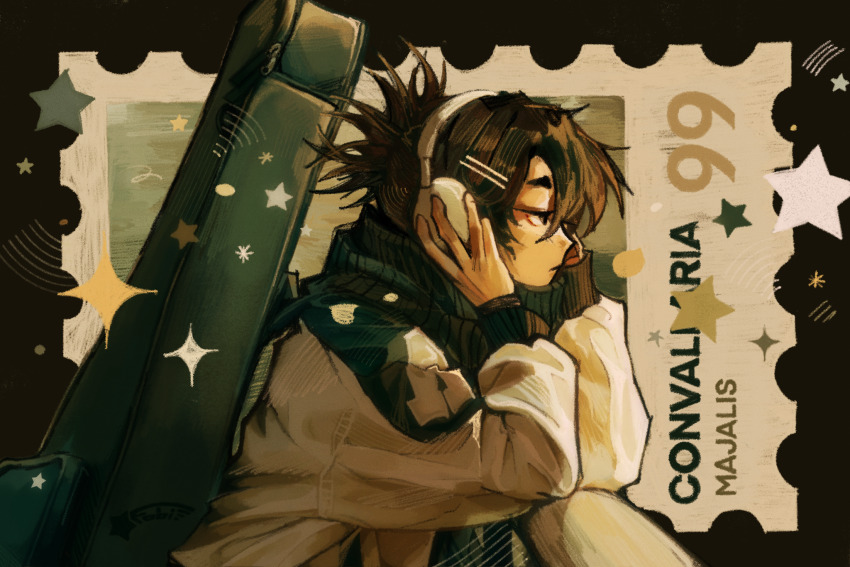 1girl, androgynous, black_border, black_eyes, border, brown_hair, commentary, english_commentary