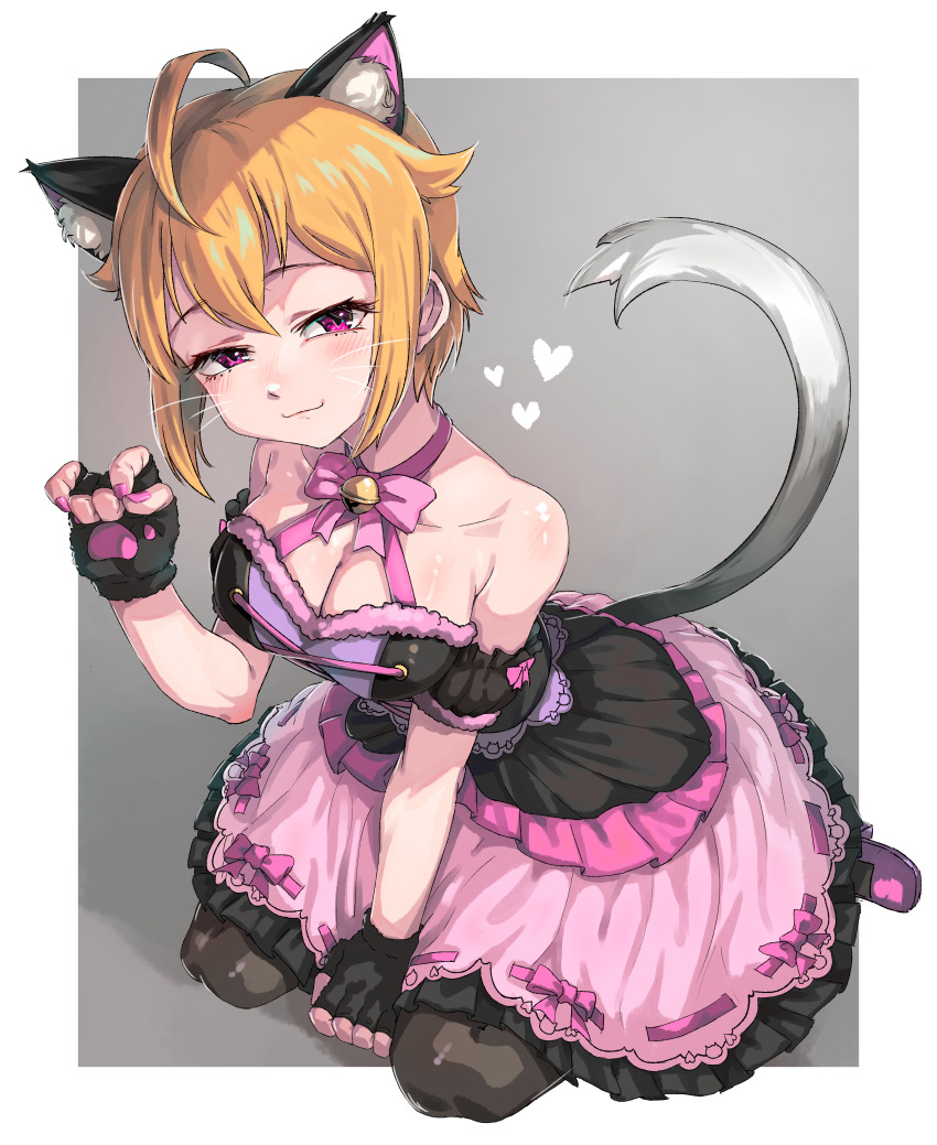 1girl, absurdres, ahoge, animal_ears, bare_shoulders, bell, black_dress, blonde_hair