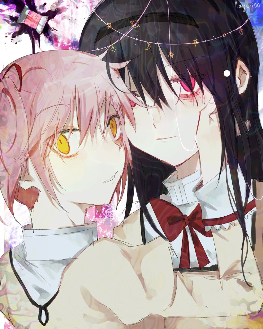 2girls, aayoii_00, absurdres, akemi_homura, black_hair, bow, bowtie, gloves