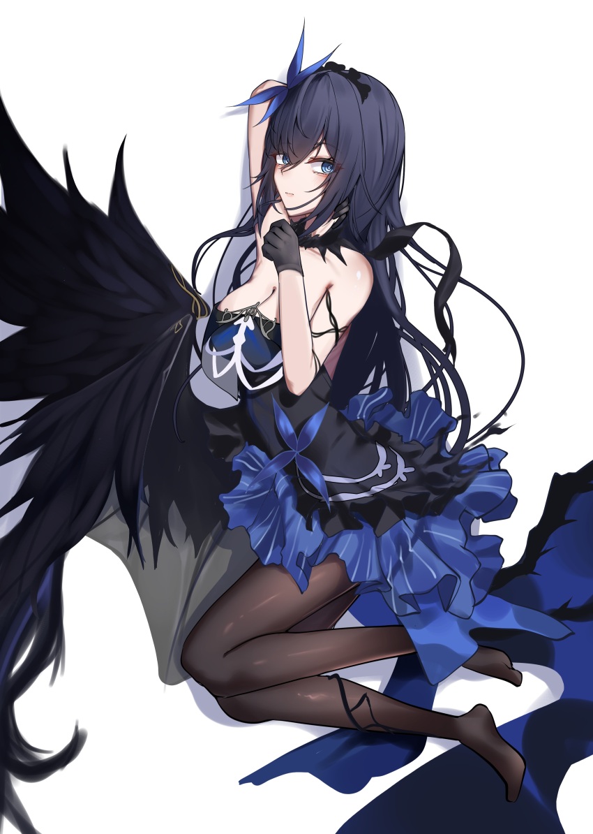 1girl, absurdres, arm_up, black_headdress, black_pantyhose, black_wings, blue_eyes, breasts