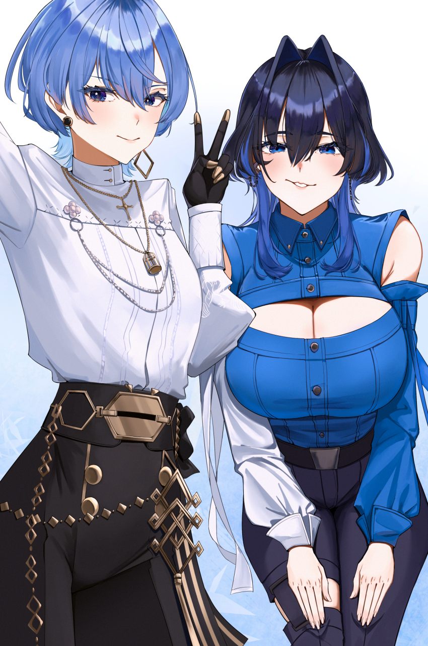 2girls, absurdres, belt, black_gloves, blue_eyes, blue_hair, blue_shirt, blush