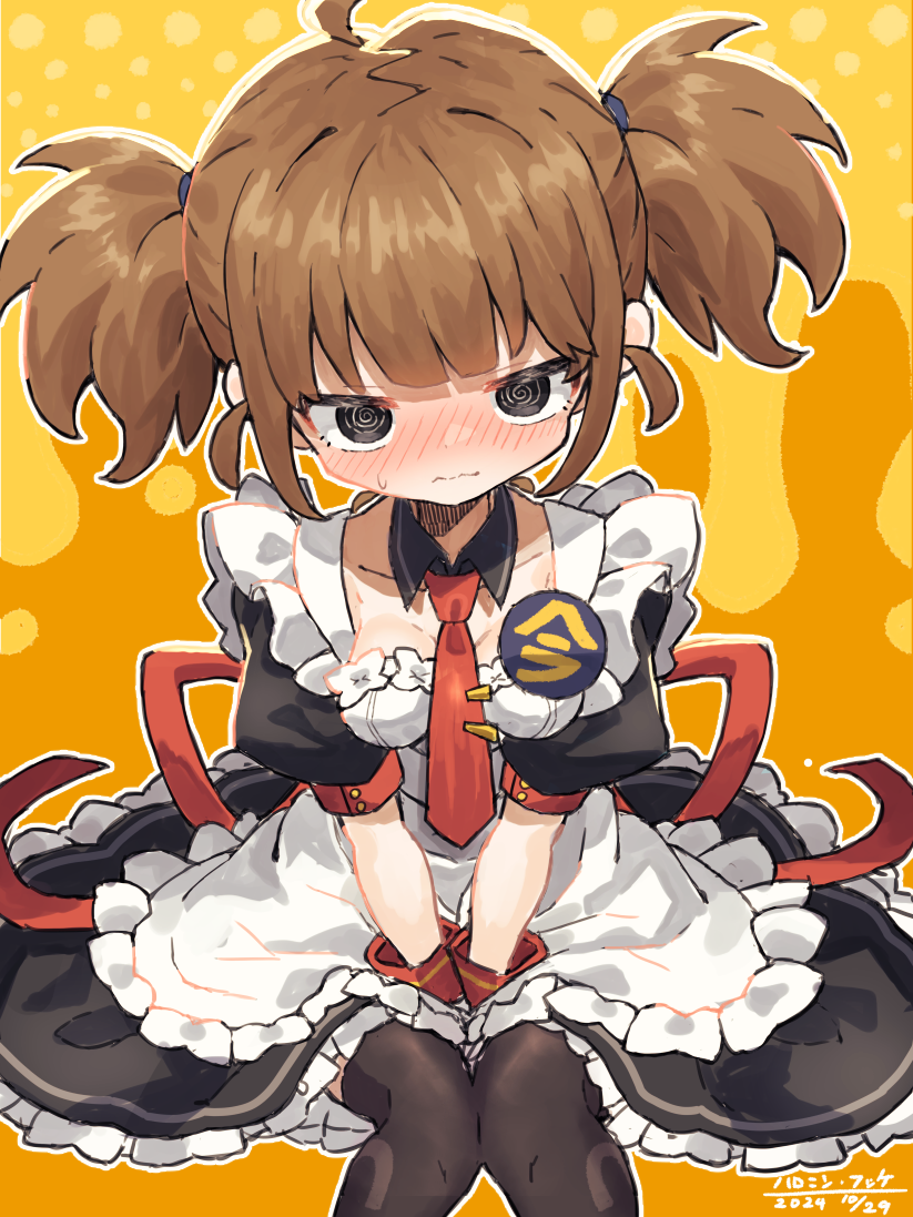 1girl, :|, @_@, ahoge, alternate_costume, apron, artist_name, badge