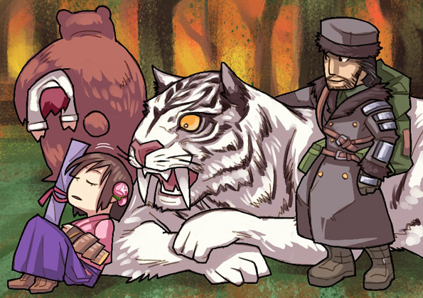 1girl, 2008, 2boys, 2others, backpack, bag, bear, beret