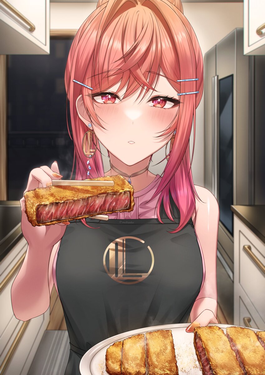 1girl, absurdres, ahoge, alternate_hairstyle, apron, bare_arms, bare_shoulders, black_apron