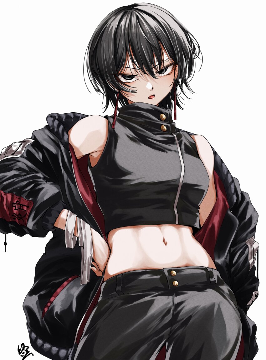 1girl, absurdres, black_eyes, black_hair, black_jacket, black_pants, black_shirt, breasts