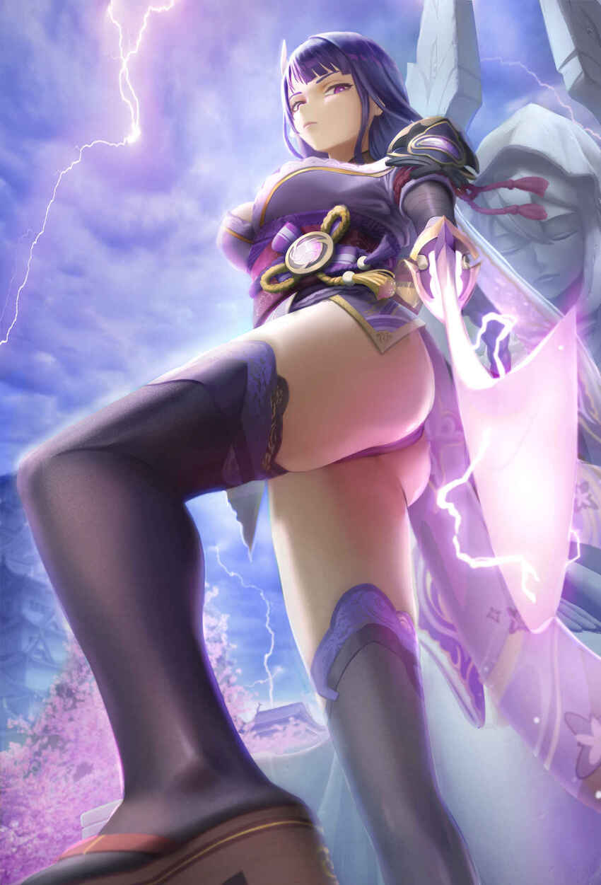 1girl, armor, ass, ass_focus, black_thighhighs, blue_sky, blunt_bangs, braid, breasts, bridal_gauntlets, cherry_blossoms, closed_eyes, closed_mouth, cloud, cloudy_sky, commentary_request, electricity, from_below, from_side, genshin_impact, glowing, glowing_sword, glowing_weapon, hair_between_eyes, hair_ornament, highres, holding, holding_sword, holding_weapon, hood, hood_up, japanese_clothes, kimono, knee_up, large_breasts, lightning, long_braid, long_hair, looking_down, looking_to_the_side, neocity222, outdoors, panties, pink_lips, purple_eyes, purple_hair, purple_kimono, purple_panties, raiden_shogun, reaching, reaching_towards_viewer, red_sash, sash, shoulder_armor, single_braid, sky, solo, standing, statue, sword, thick_thighs, thighhighs, thighs, tree, underwear, weapon, wings