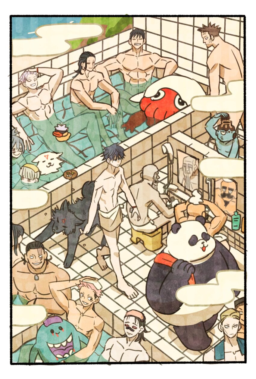 6+boys, abs, animal, awasaka_jiro_(jujutsu_kaisen), bald, bath, bathing, black_hair