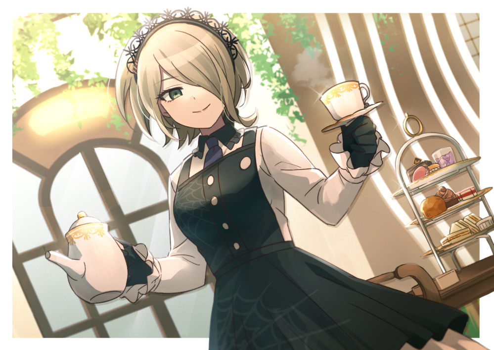 1girl, black_gloves, blonde_hair, border, breasts, buttons, cake_stand, collared_shirt