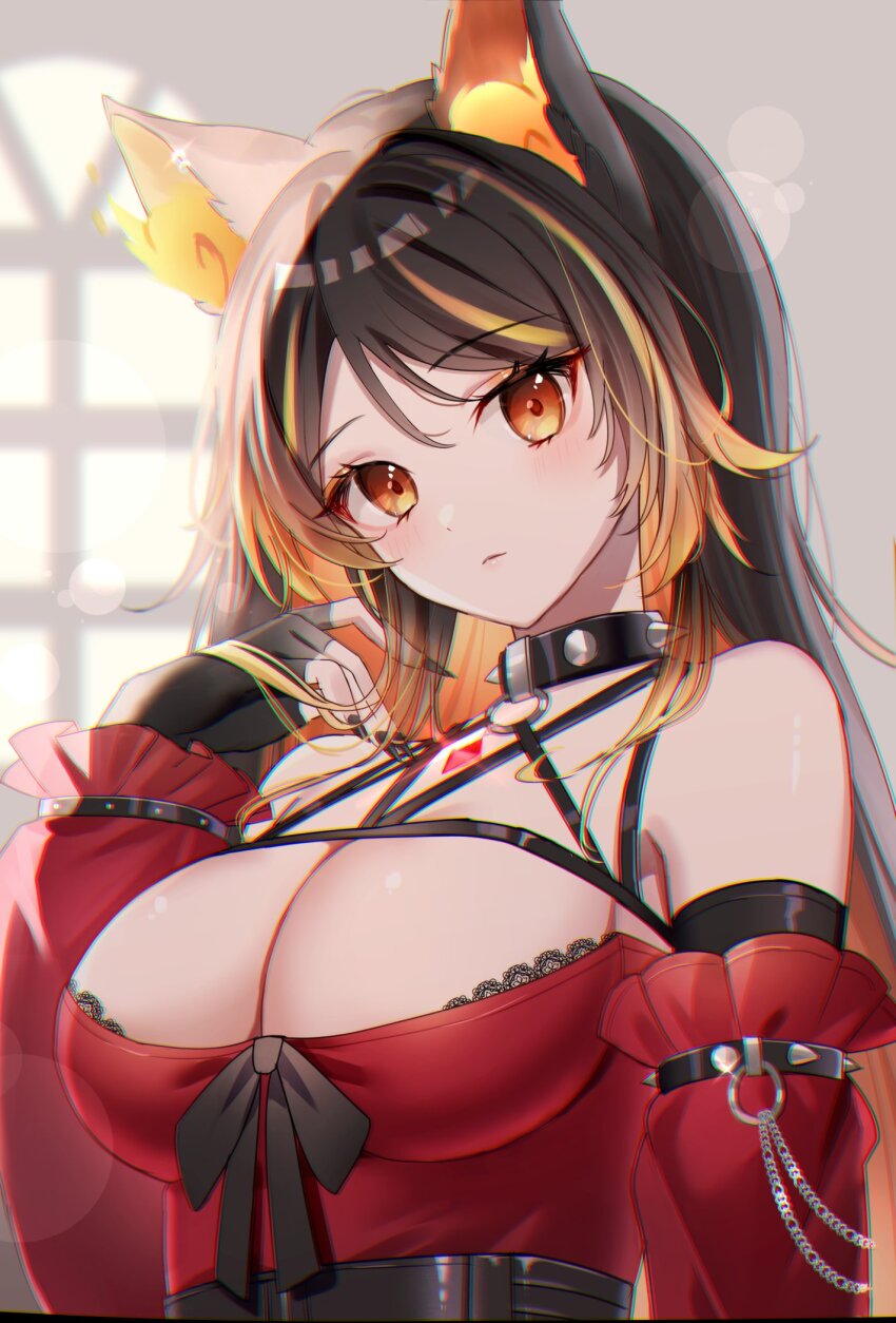 1girl, animal_collar, animal_ear_fluff, animal_ears, high-waist_belt, black_hair, black_nails, bra